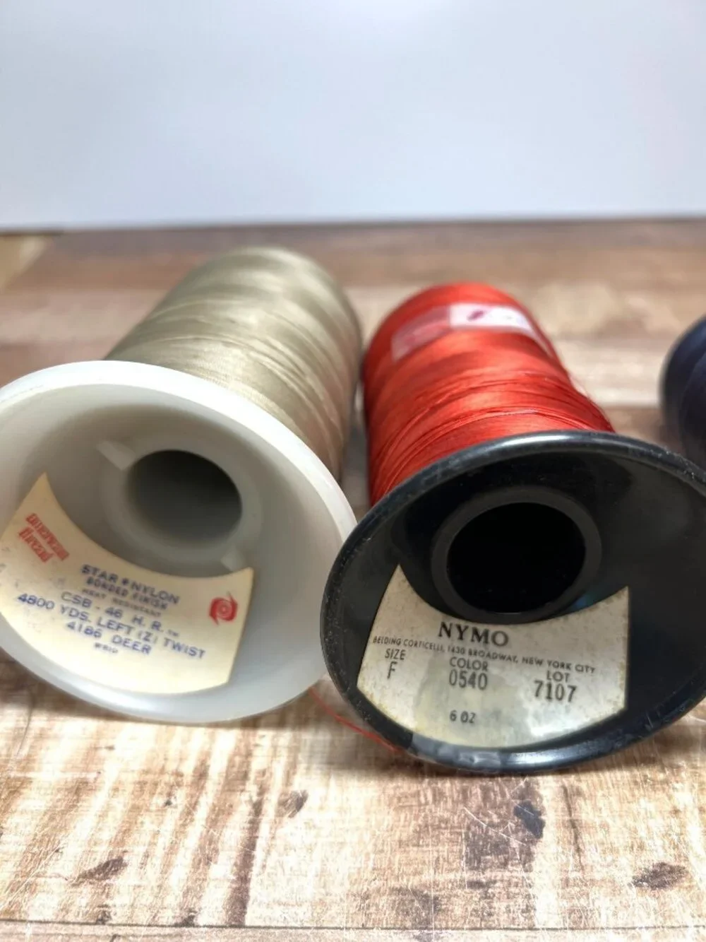 Vintage Nylon Thread Spools - Beige Red & Navy - Nymo & Star Brand - Size F